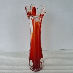 Glass Art Glass Finger Vase Vintage Skinny Vintage 8.5" Red Clear